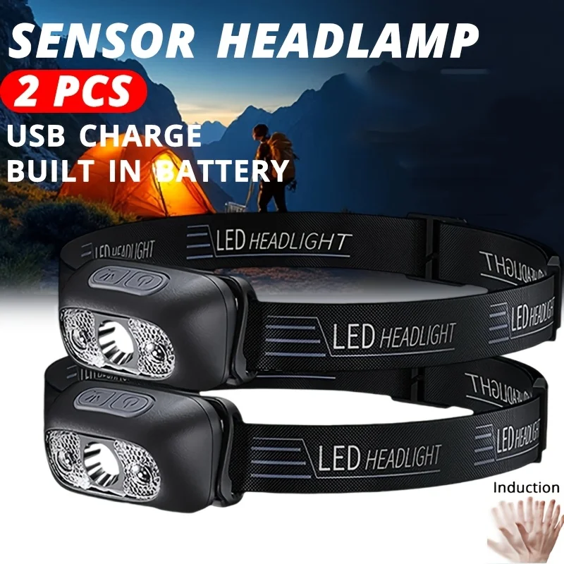 Strong Light Headlamp Portable LED Sensor Headlamp USB-C Rechargeable Head Flashlight Outdoor Camping Fishing Emergency Lantern