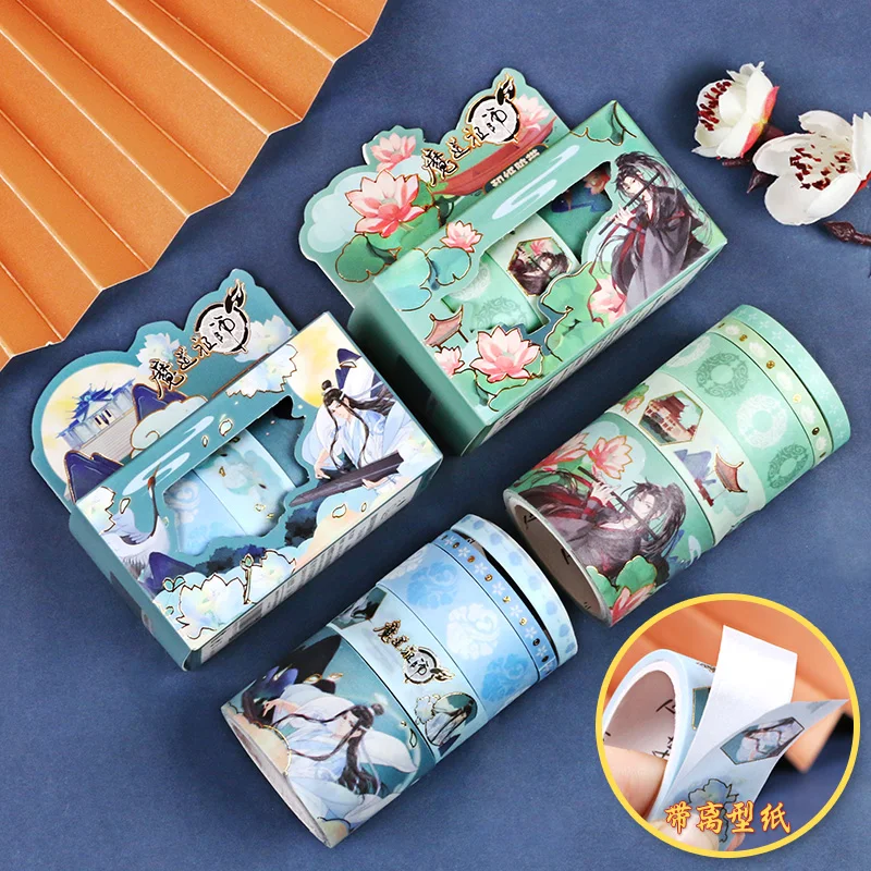 5Pcs/Set Anime Grandmaster of Demonic Cultivation Bronzing Washi Tape Lan Wangji, Wei Wuxian Figure Adhesive Tape Label Sticker