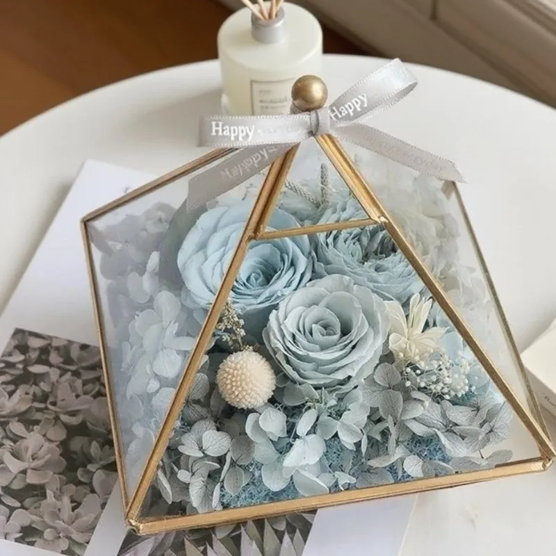 Nordic Retro Heart Shaped Geometric Glass Greenhouse Ring Box Jewelry Storage Box Preserved Flower Decor Ins Style Decoration