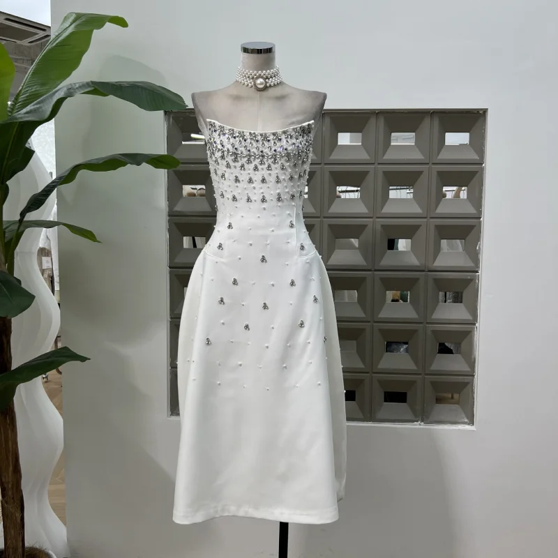 

High-end Elegant Handmade Rhinestone Heavy-duty Waist-cinching Strapless Dress Rich Heiress Minimalist Style Long Formal Dress