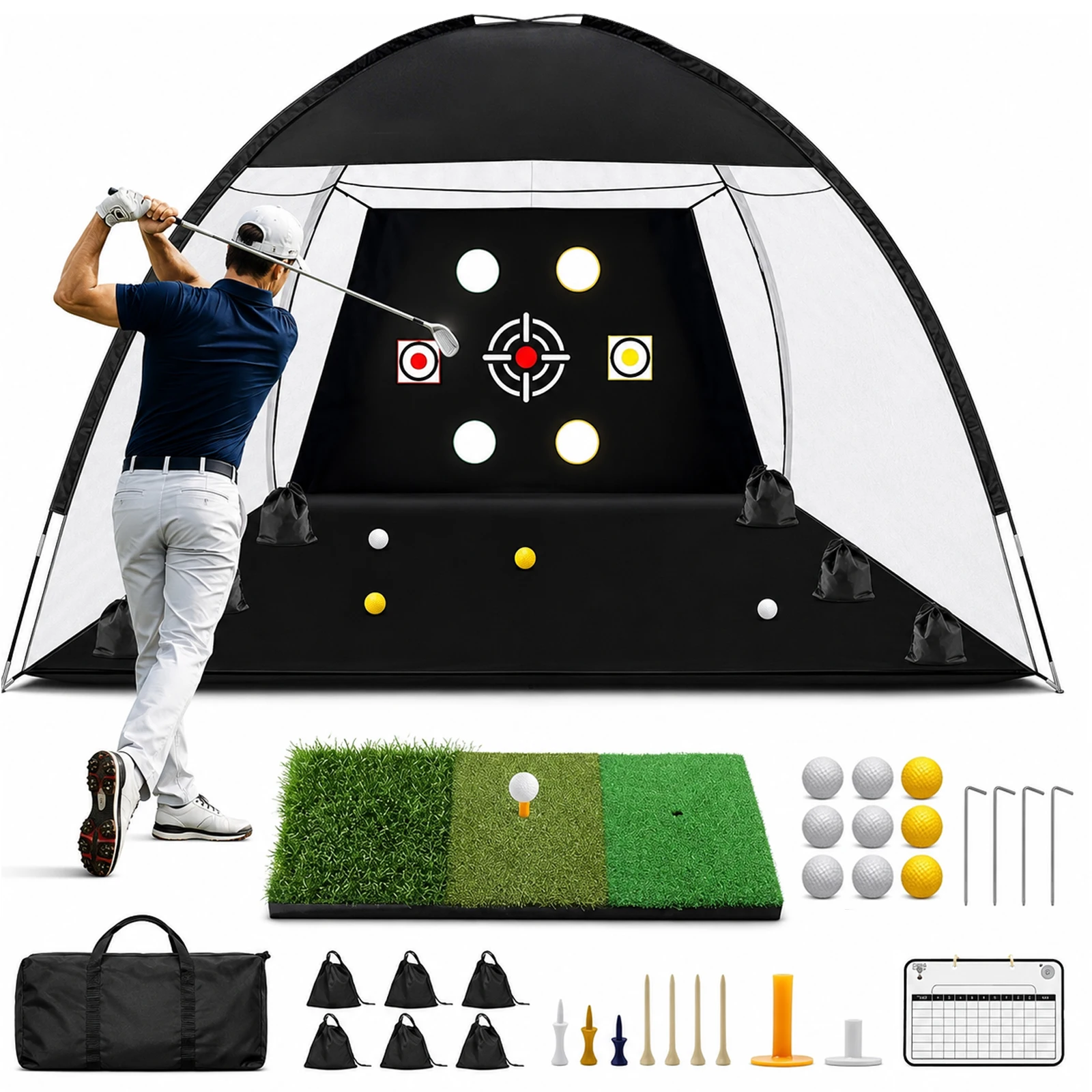Filet de pratique de golf pour jardin, tapis Tri-Turf, simulateur de golf domestique avec 9 balles, 7 tees, tableau de score, tapis Tri-Turf + sac de transport, kit de pratique de golf intérieur et extérieur