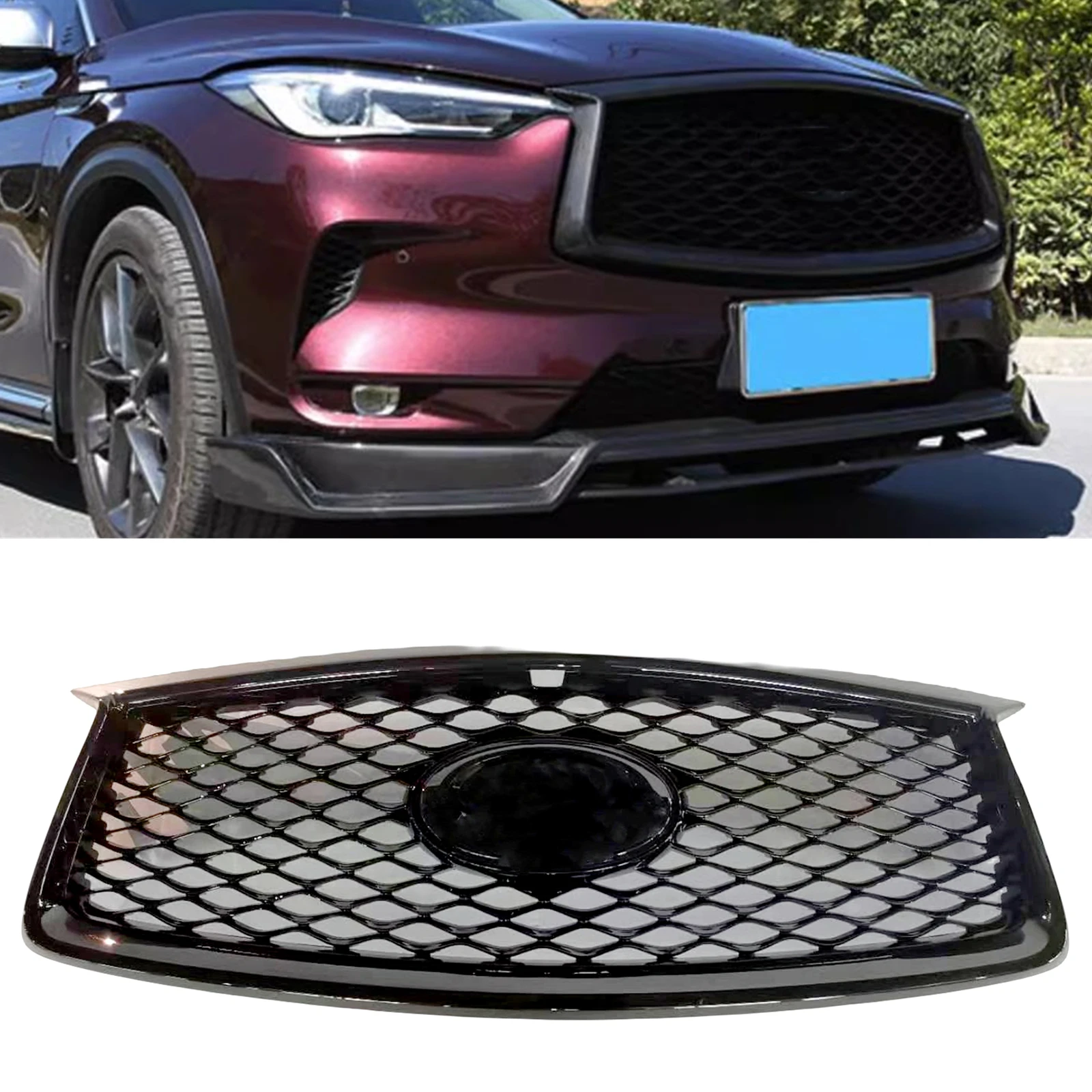 

Front Grille Racing Grill For INFINITI QX50 2019 2020 2021 2022 2023 Honeycomb Style Glossy Black Upper Bumper Hood Mesh Grid