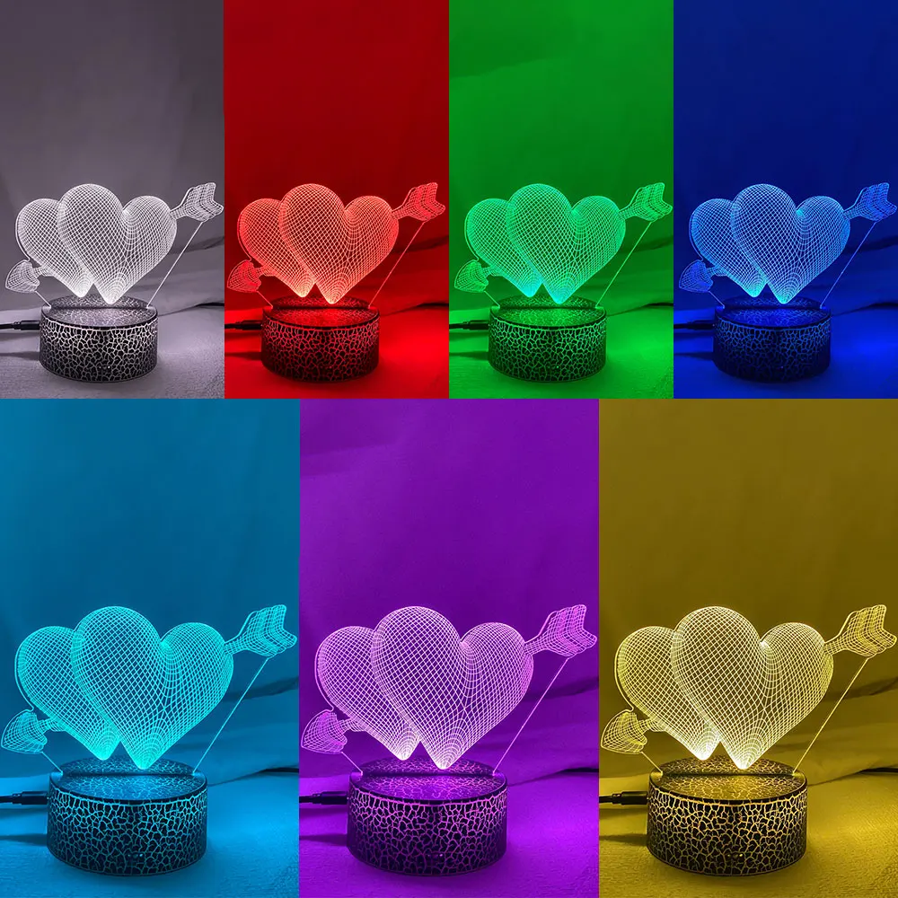 Pierce your heart 3d Night Light with Heart Led Touch Switch Colorful Atmosphere for Home Decoration Light Table Lamp Bedside