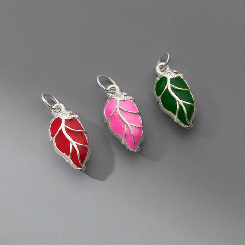 1pc/Lot 925 Sterling Silver Cubic Red/Green/Pink Leaf Charms 3D Hard Silver Manual Leaves Silver Pendants DIY Jewelry Fittings