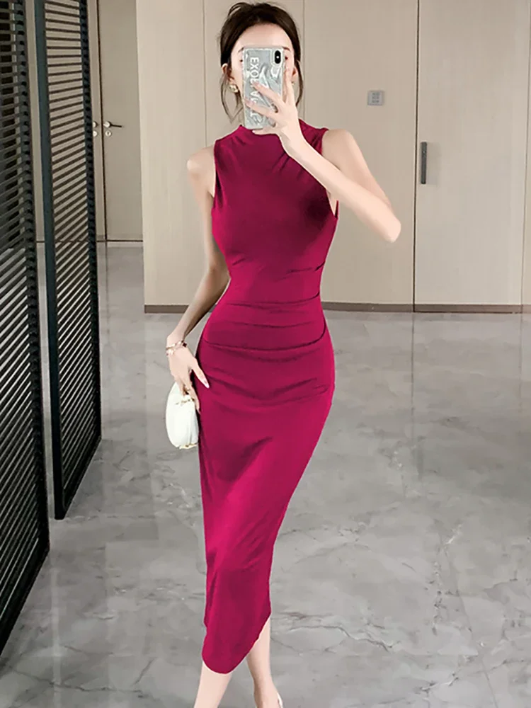 2024 Solid Elegant Sleeveless Turtleneck Long Dress Women Elegant Casual Home Dress Autumn Winter Korean Style One Piece Dresses