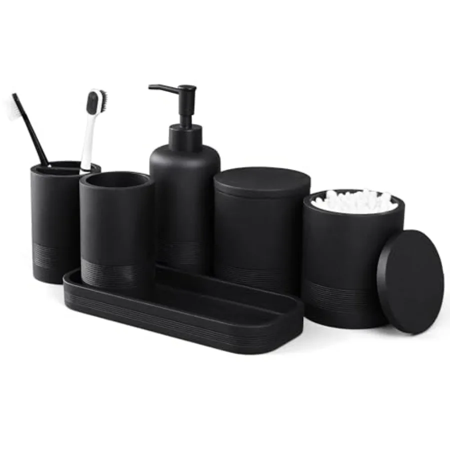 

6-Piece Bathroom Accessories Set with Soap Dispenser Toothbrush Holder Vanity Tray Tumbler 2 Cotton Swab Jars Modern Stylish St