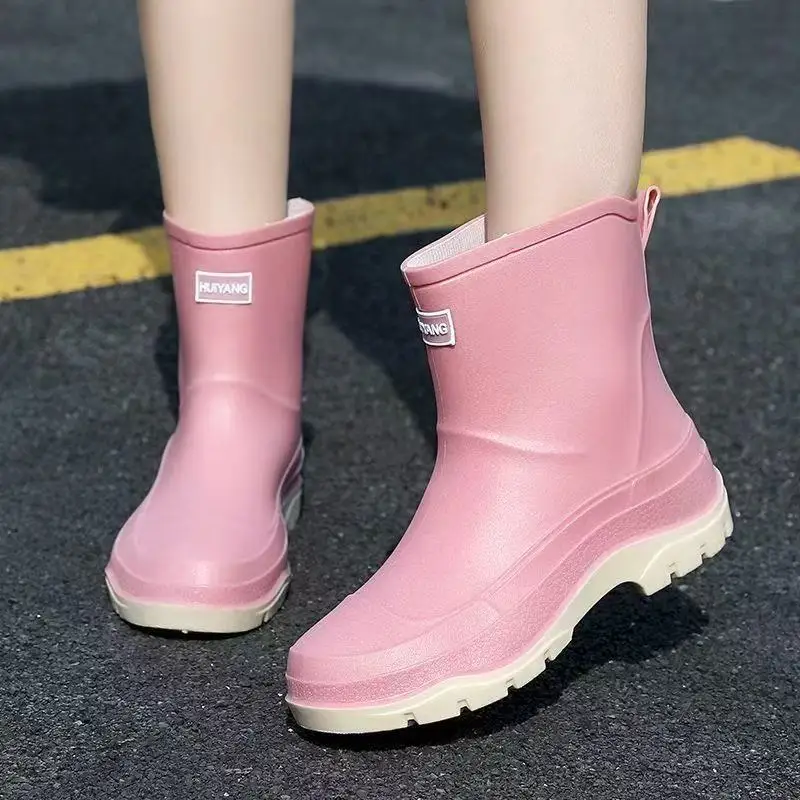 

Women's Flat Sole High Top Four Seasons Rain Boot Thick Sole Non Slip Waterproof Round Toe Slip On Kitchen Work Shoe Garden Shoe