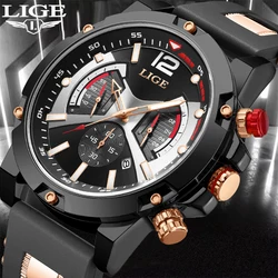 LIGE 2024 New Fashion Silicone Watch For Men Business Military Sports Men's Quartz Wristwatches Waterproof Date Chronograph Male