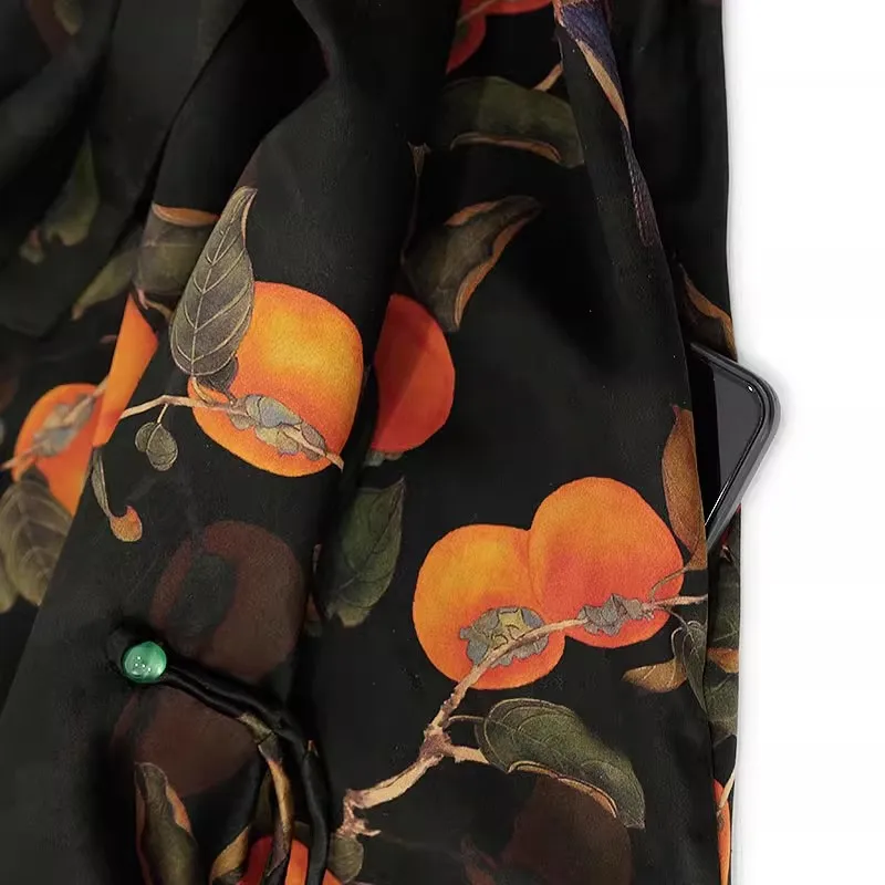 Birdtree, sukienka z jedwabiu morwowego 60 mm, 100% jedwab, damska sukienka z ciężkiego satyny z gazy Xiangyun, nadruk persymony, nowość na lato 2025 D5D517JF