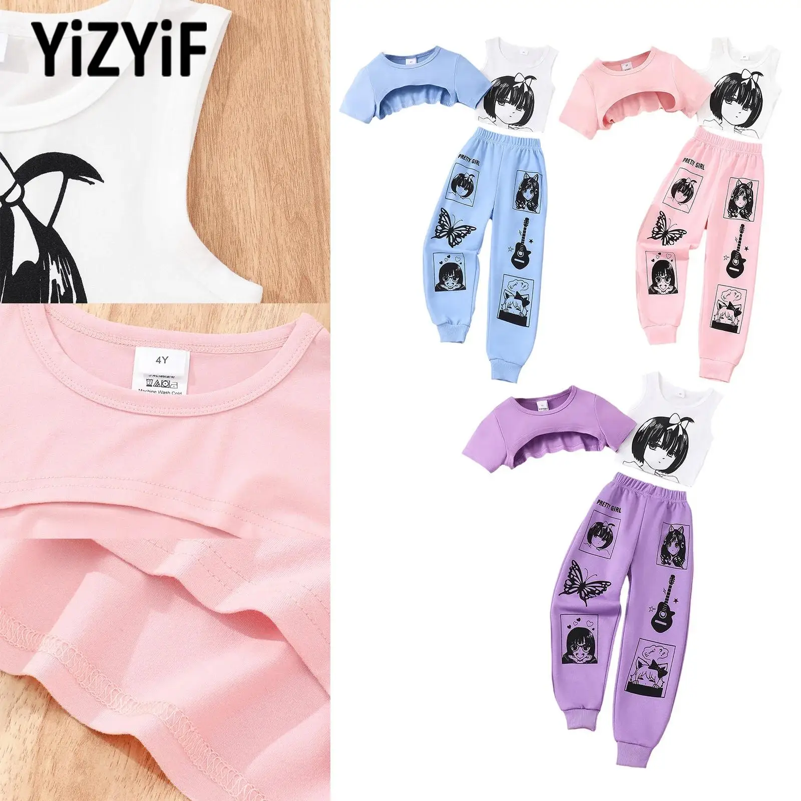 Kids Girls Stretchy Sports Suit Short Sleeve Asymmetrical Hem Crop Top with Anime Printed Vest And Elastic Waistband Sweatpants