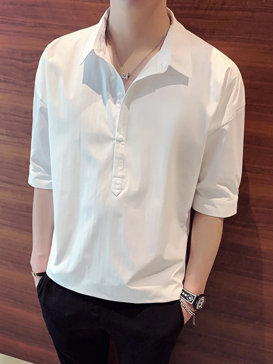 

Casual Men's Short Sleeve Shirt Loose Fit Trendy Style Five-Button Closure Polyester Blend Summer Thin Fabric Sharp Collar