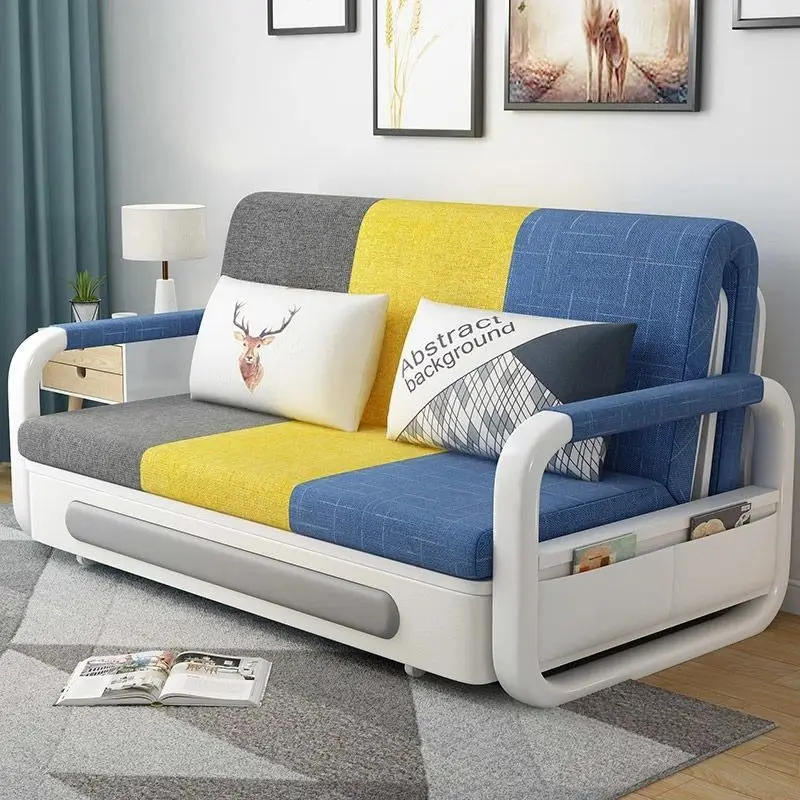 Modern Foldable Sofa Bed With Storage Metal Frame Fabric Upholstery For Living Room
