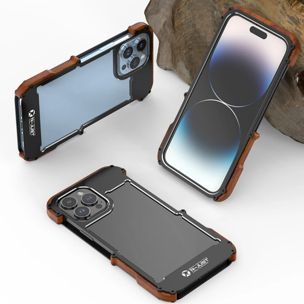 

Metal Aluminum Bumper Wood Shockproof Case for iPhone 15 14 13 12 Pro Max 15Plus 14Pro 13Pro Luxury Ultra Armor Frame Cover Capa