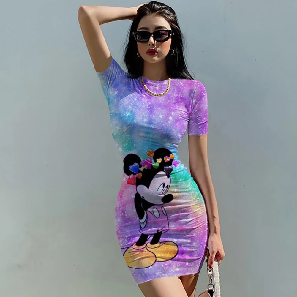 

2022 summer women's new Korean temperament Disney Minnie Mickey Mouse short-sleeved waist tight sexy bag hip Mini dress