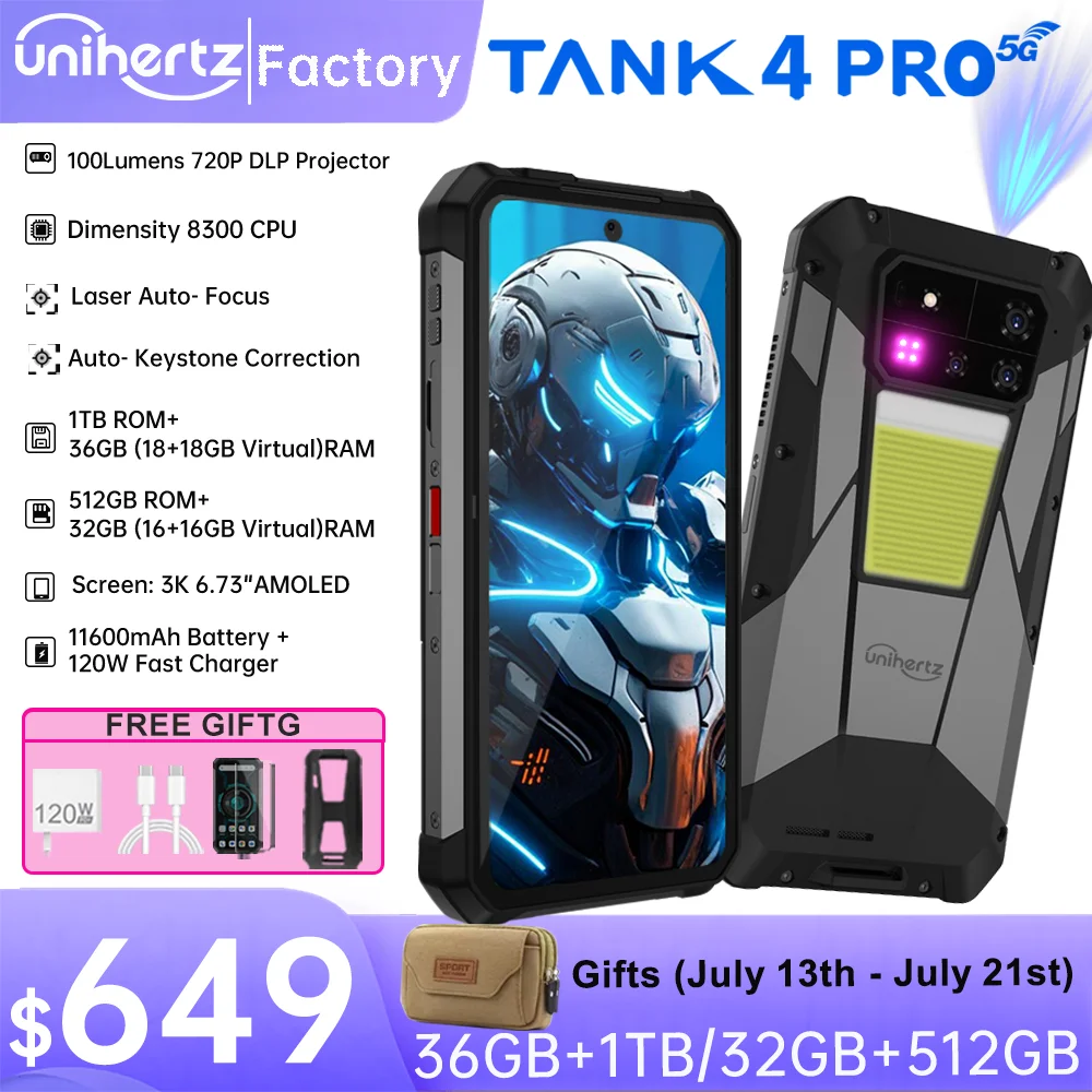 Unihertz 8849 Tank 4 Pro 5G Projector Smartphone 36GB 1TB Dimensity 8300 Android 14 Phone 11600mAh 720P Projector 100 Lumens