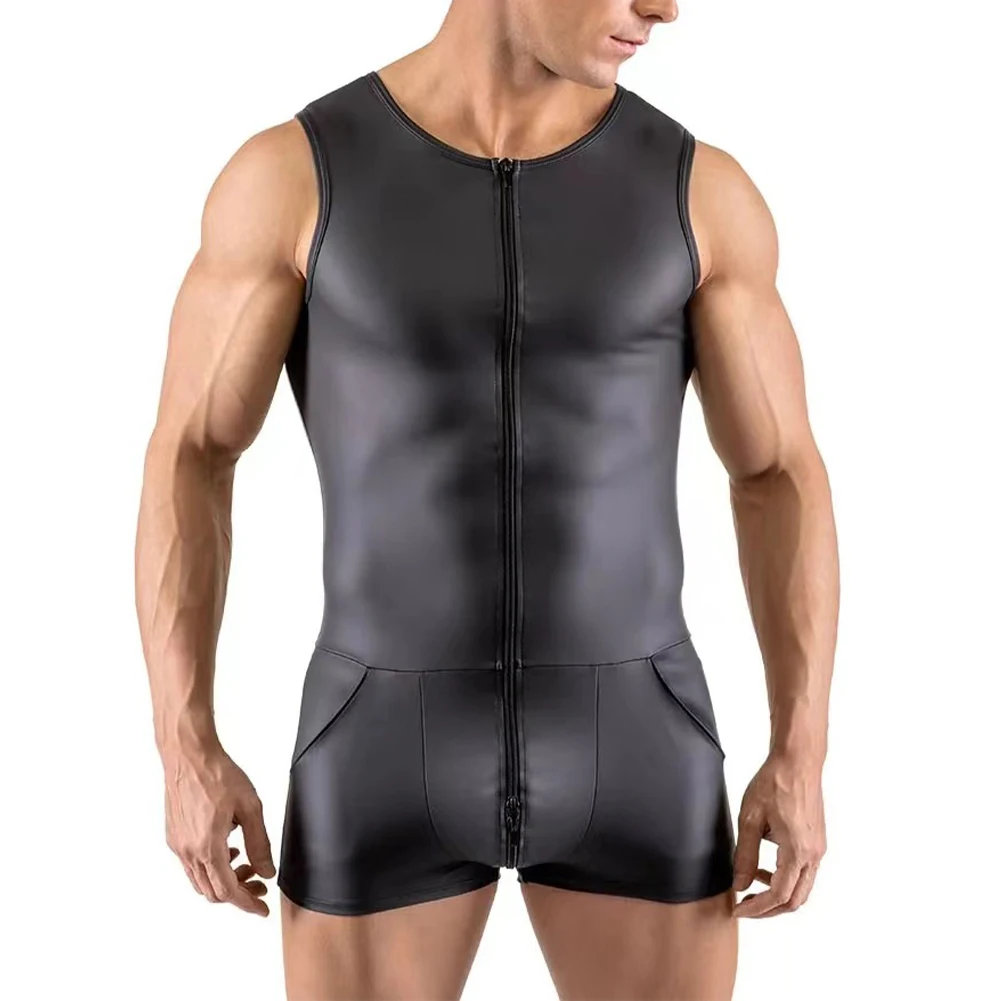 

Men's Sexy Wet Look Patent Leather Bodysuits Clubwear Costume Sleeveless Zip Up Male Tights Jumpsuit With Pockets