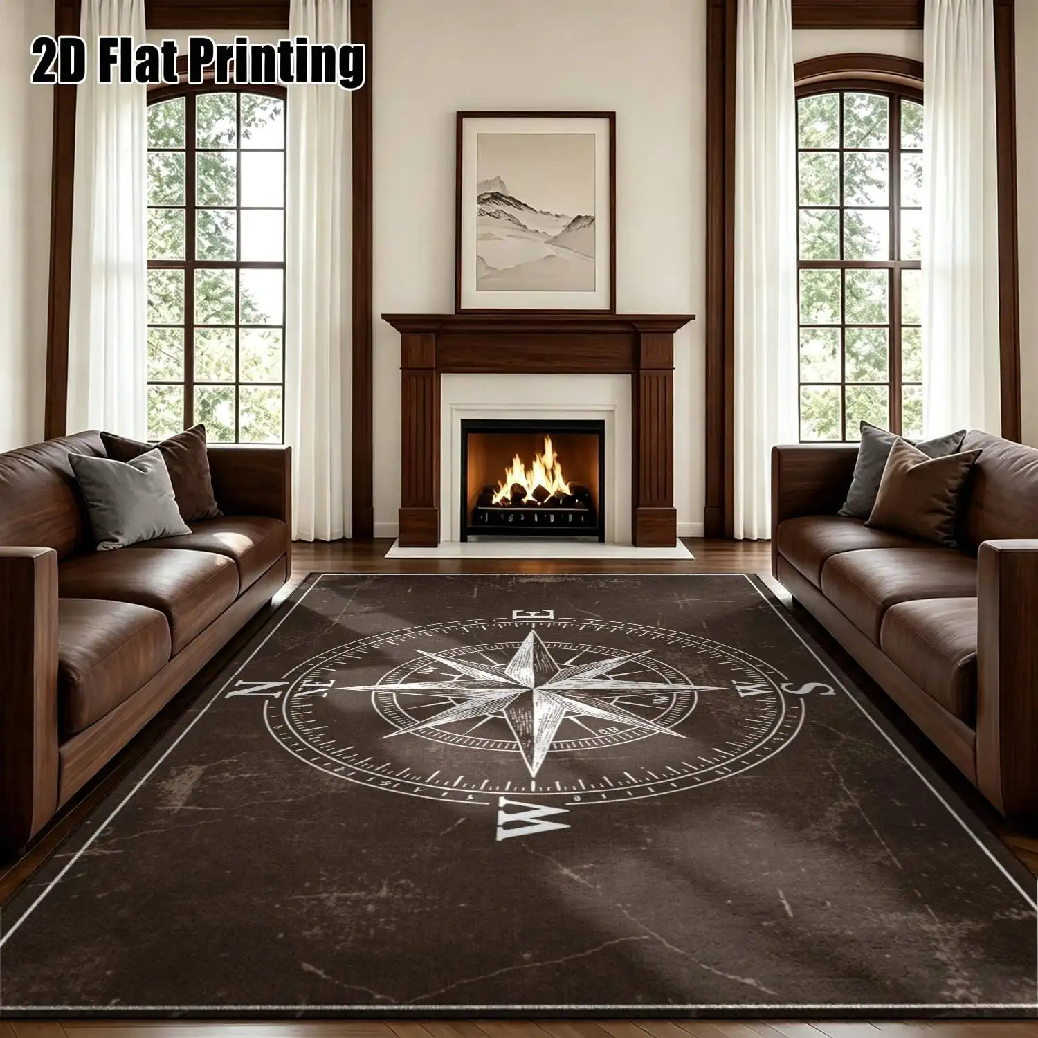 1Pc 2D Printed Retro Brown Compass Pattern Carpet: Minimalist, Instagram-Style Home Decor Floor Mat, Machine Washable, Multi-Size, Multi-Scene Use