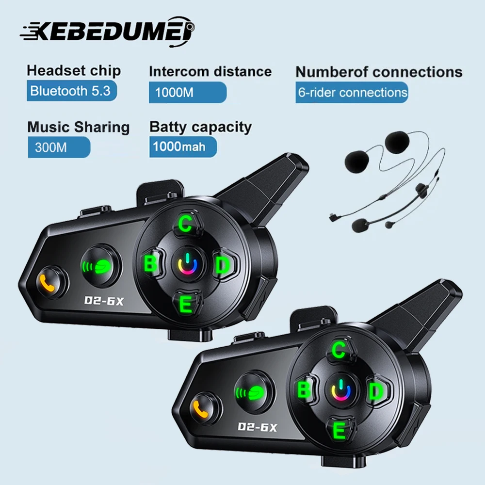 Kebidumei D2-6X Motorcycle Helmet Intercom Headset 1000M Wireless Interphone Communicator for 6 Riders Music Share Waterproof