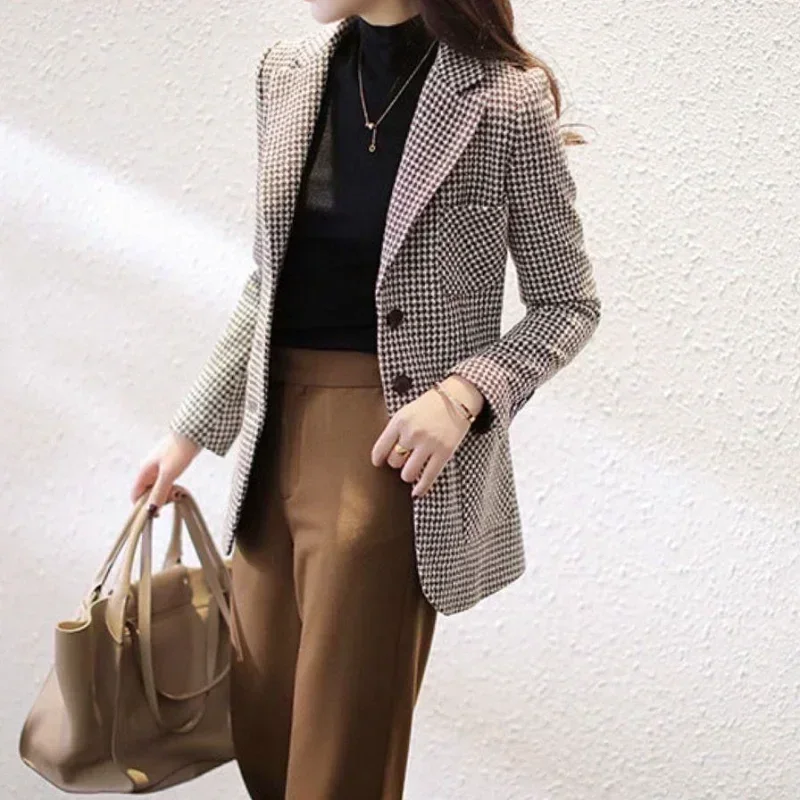 Slim Coats for Women Clothes Blazer Woman Tweed Wool & Blend Check Jacket Outerwears Plaid Korean Style Simple Cheap Stylish