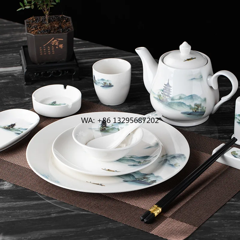 

Star Hotel Restaurant \ Plate Shark Fin Bowl Nine Piece Set Restaurant Chinese Landscape Painting Table Ceramic Tableware