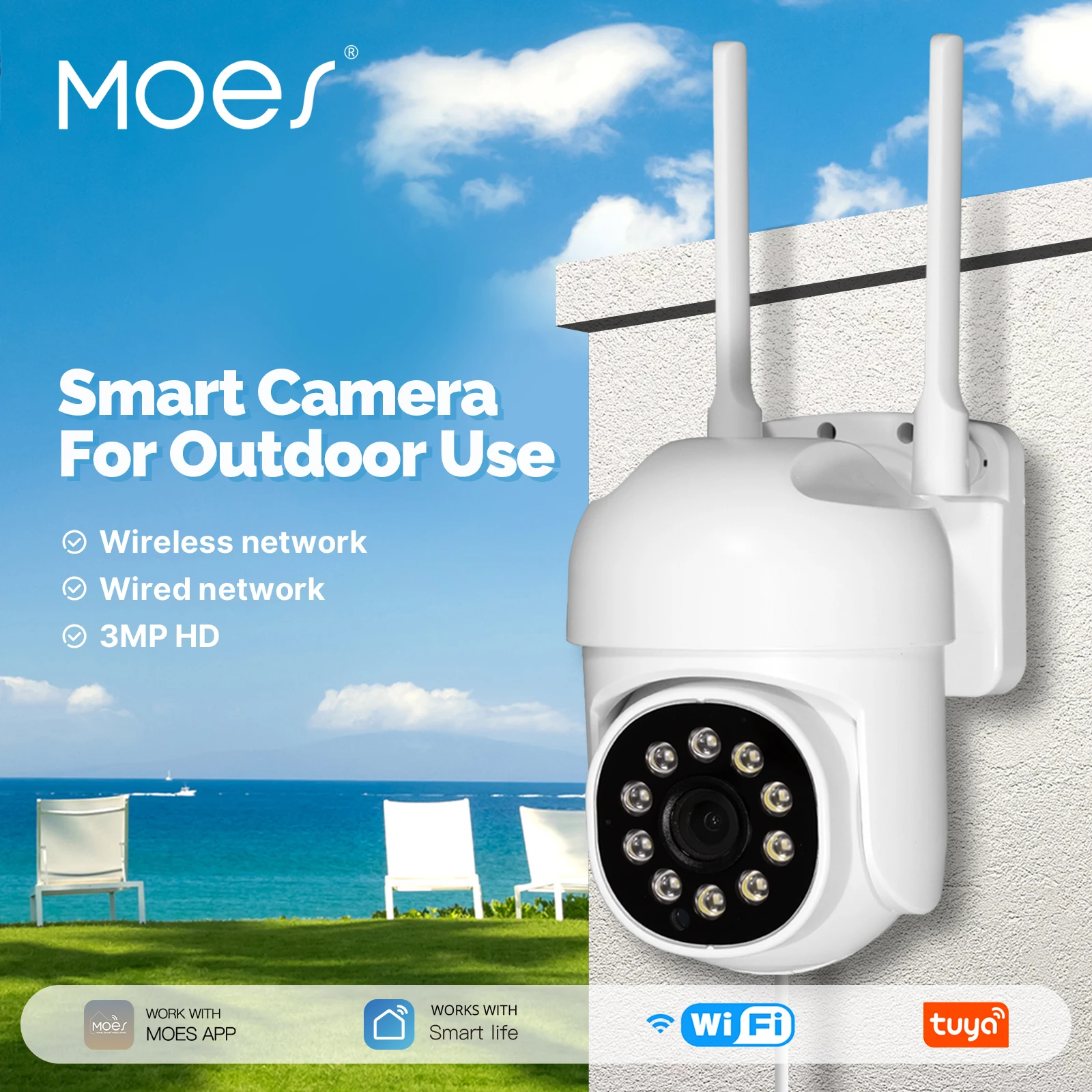 

MOES Tuya WiFi 3MP Smart Security Camera Support Wireless &Wired RJ45 Network IP65 Waterproof Motion Tracking Full Color Night