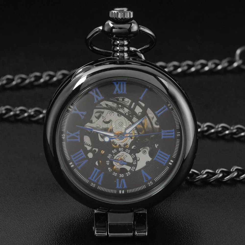 

Vintage Luxury Black Metal Mechanical Pocket Watch Steampunk Watches Pin Chain Men Women Pendant Clock Gift