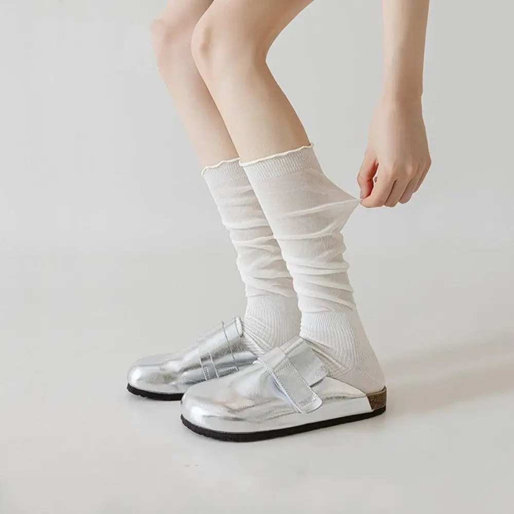 

3Pairs Sweet Ballet Style JK Calf Long Socks Ultra-Thin Solid Color Knee High Socks Japanese Style Ruffle Bunching Socks Spring