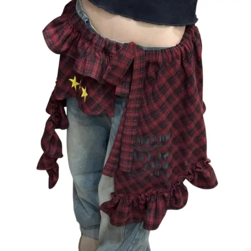 270D TIE TIE خصر الطبقات غلاف غلاف تنورة المدقق النجمة متدفق الورك قميص قميص موسع