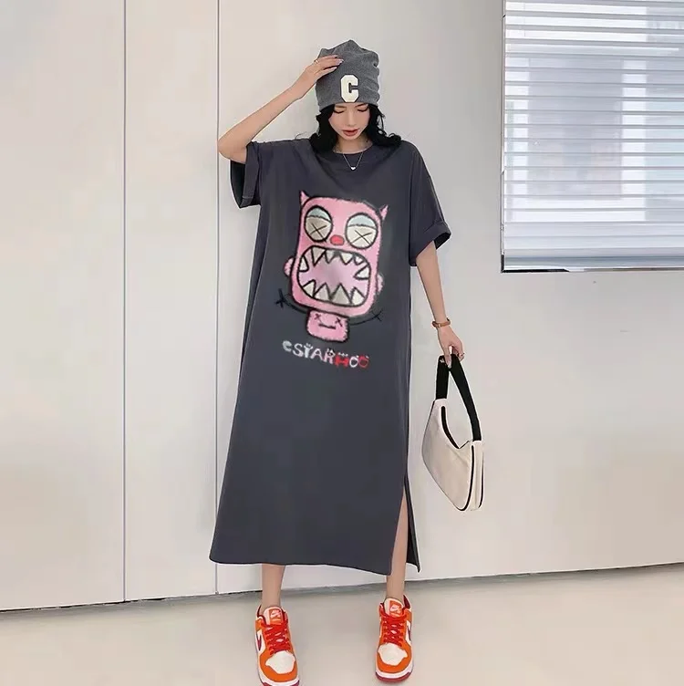 Summer New Printed Short Sleeve round Neck Dress Fork Design Casual Loose Fit Polyester Fiber Straight Tube Dress
