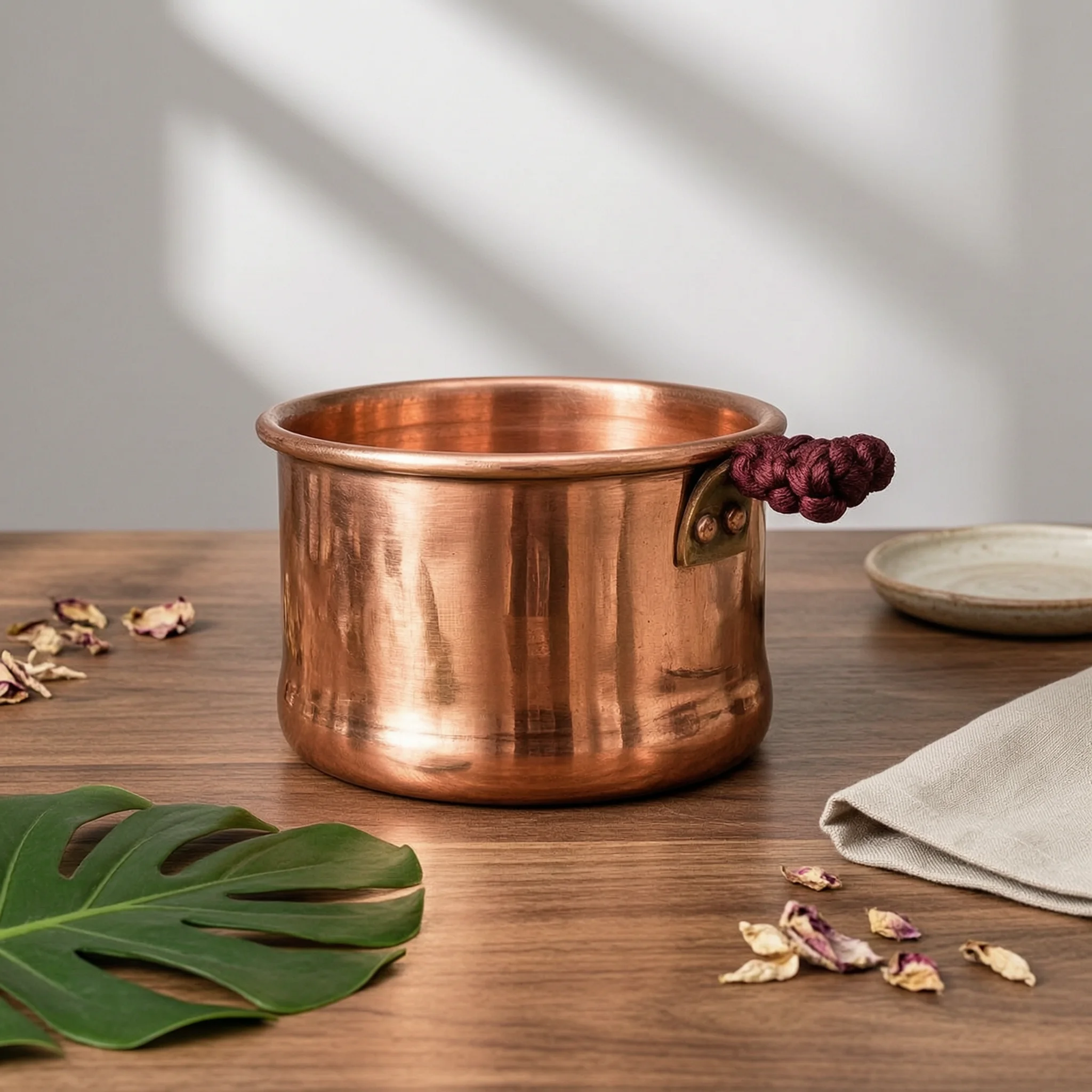 Handmade Copper Cup Braided Handle Pure Copper Cup Drinkware Flared Rim Rust-Resistant