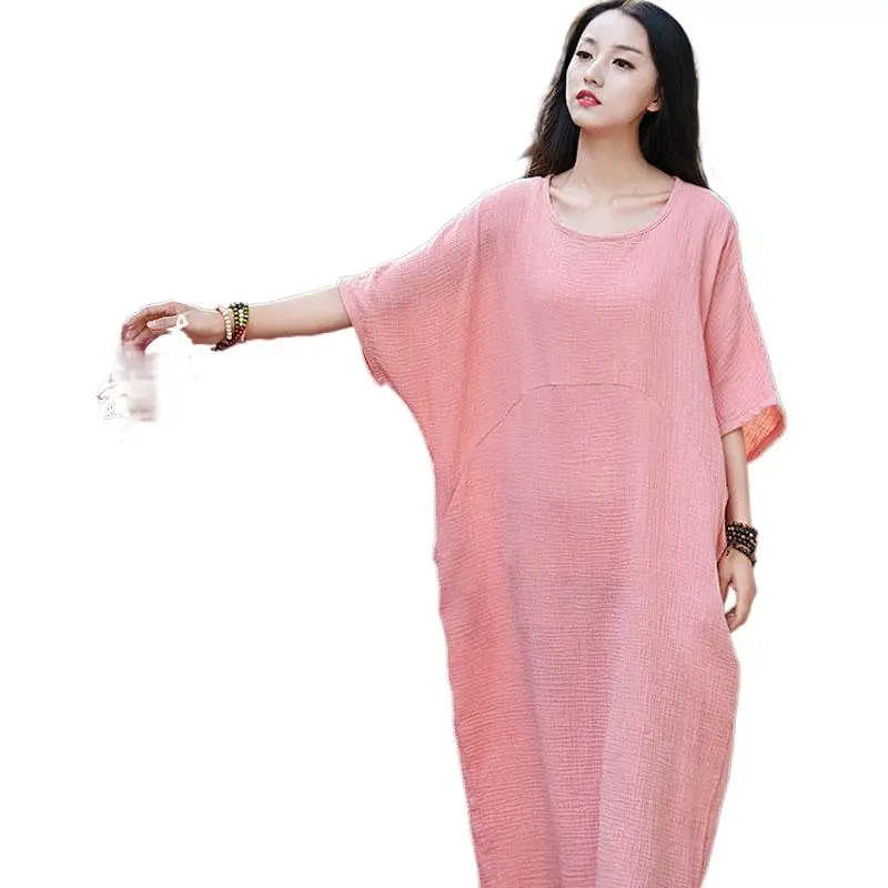 

Women's cotton linen Sundress Casual Bohemian Beach Vestidos brand Autunm Dress Vintage Sexy batwing Sleeve long maxi Dress