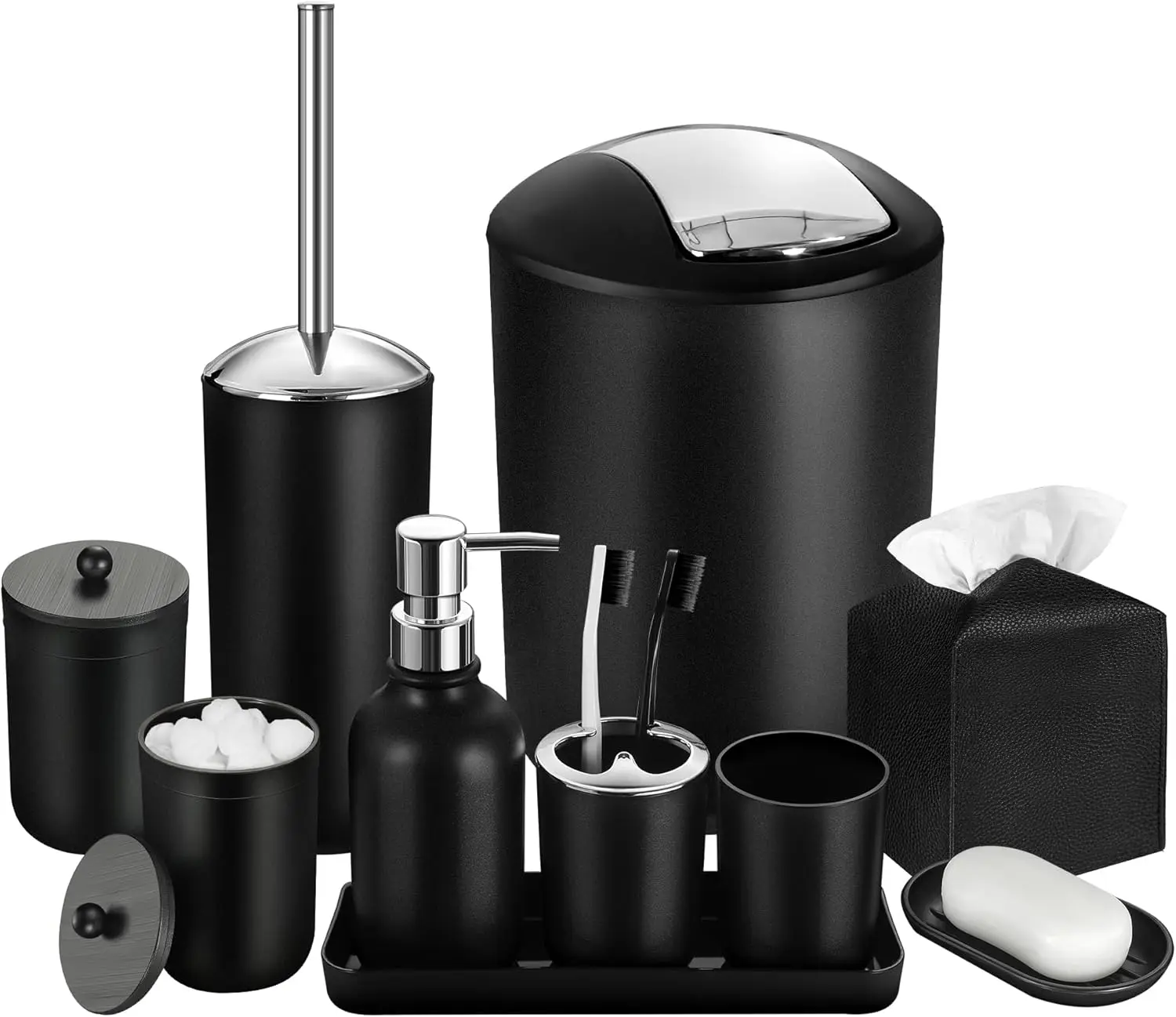 

Black Bathroom Accessories Set 10-Piece with Trash Can, Soap Dispenser, Toothbrush Holder, and Tissue Box Cover