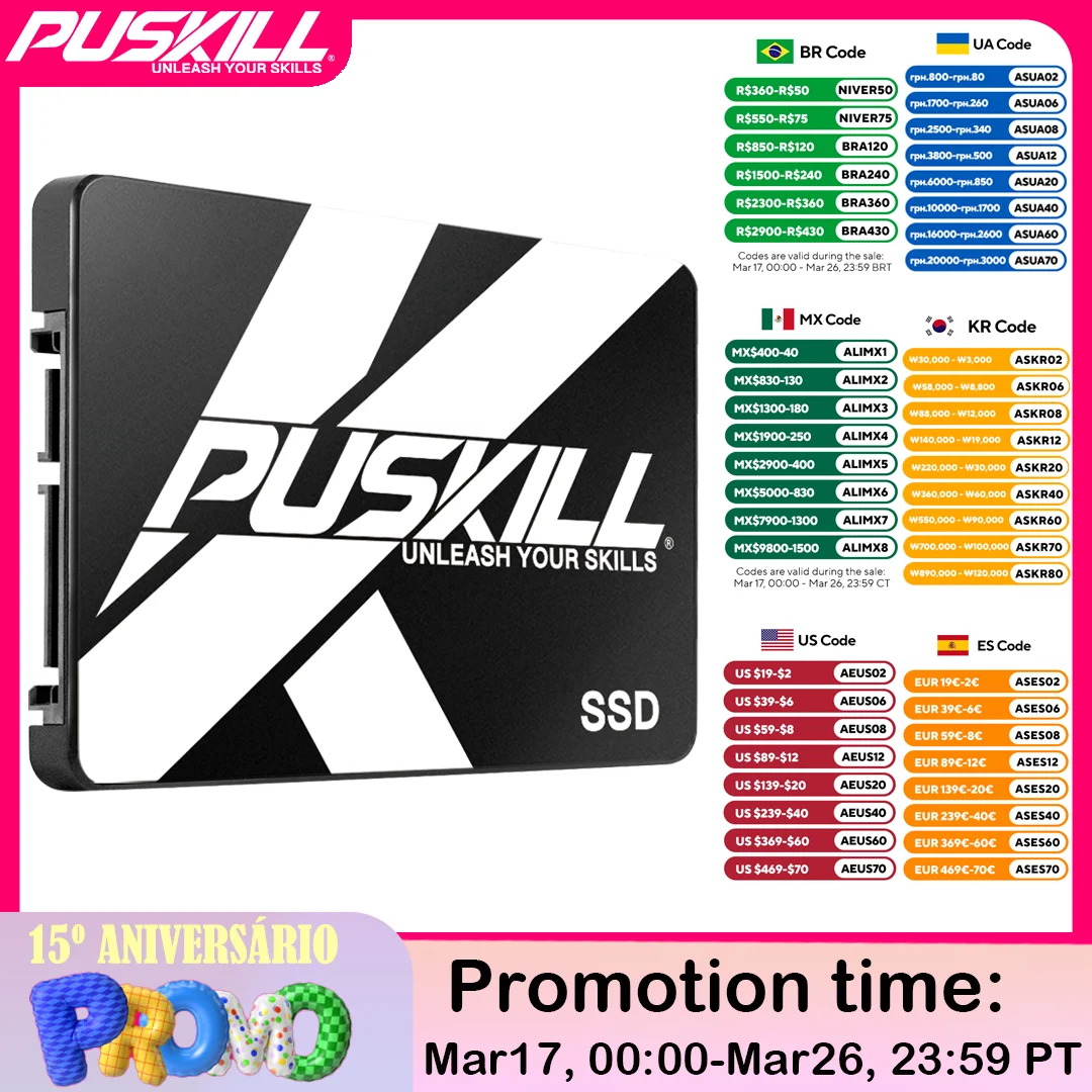 PUSKILL Solid State Drive SATA3 Hard Disk 120GB 128GB 240GB 256GB 512GB 1TB SSD for Desktop Laptop