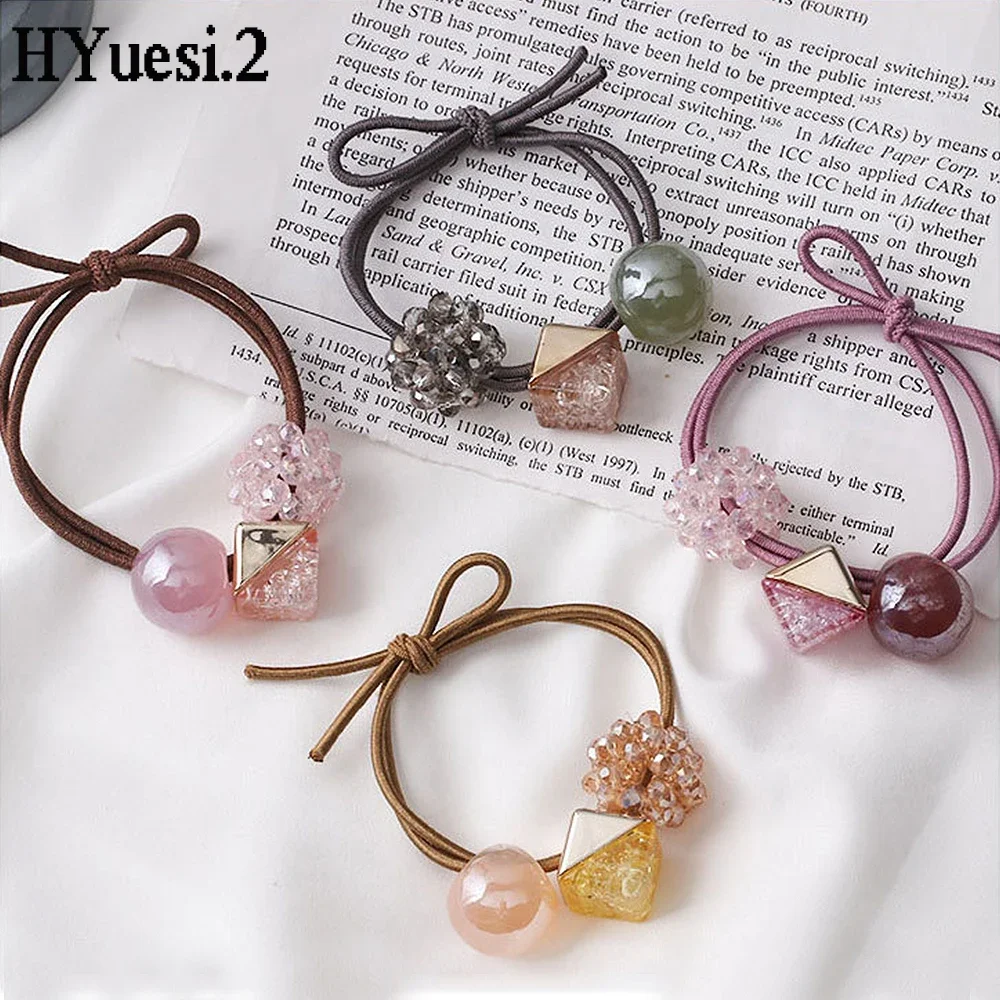 Sweet Round Crystal Beaded Hair Ties Transparent Geometric Square Charms Hair Rope Women Girls Elastic Ponytail Rubber Bands