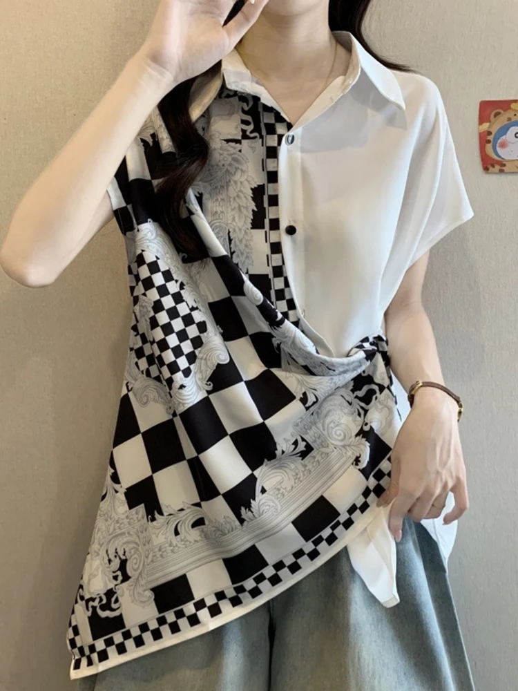 YERMORA الأبيض تقسم منقوشة طباعة بلوزة غير رسمية للنساء التلبيب قصيرة الأكمام فضفاضة قميص جديد موضة المد الربيع الصيف 2025