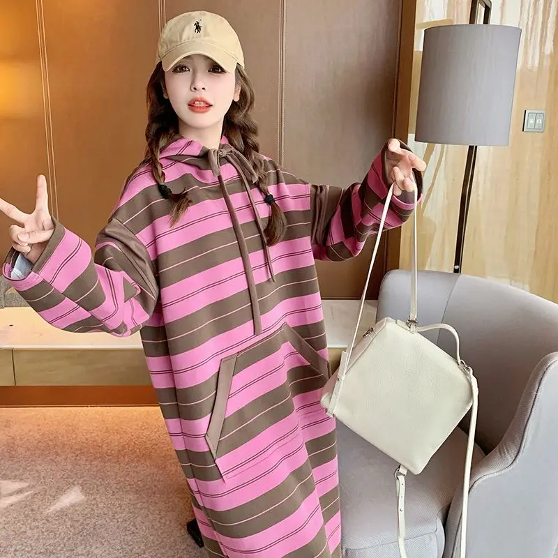 Belle robe mi-longue rayée Patchwork sweats robe Femme automne hiver surdimensionné décontracté robes amples femmes vêtements t-shirt Dres