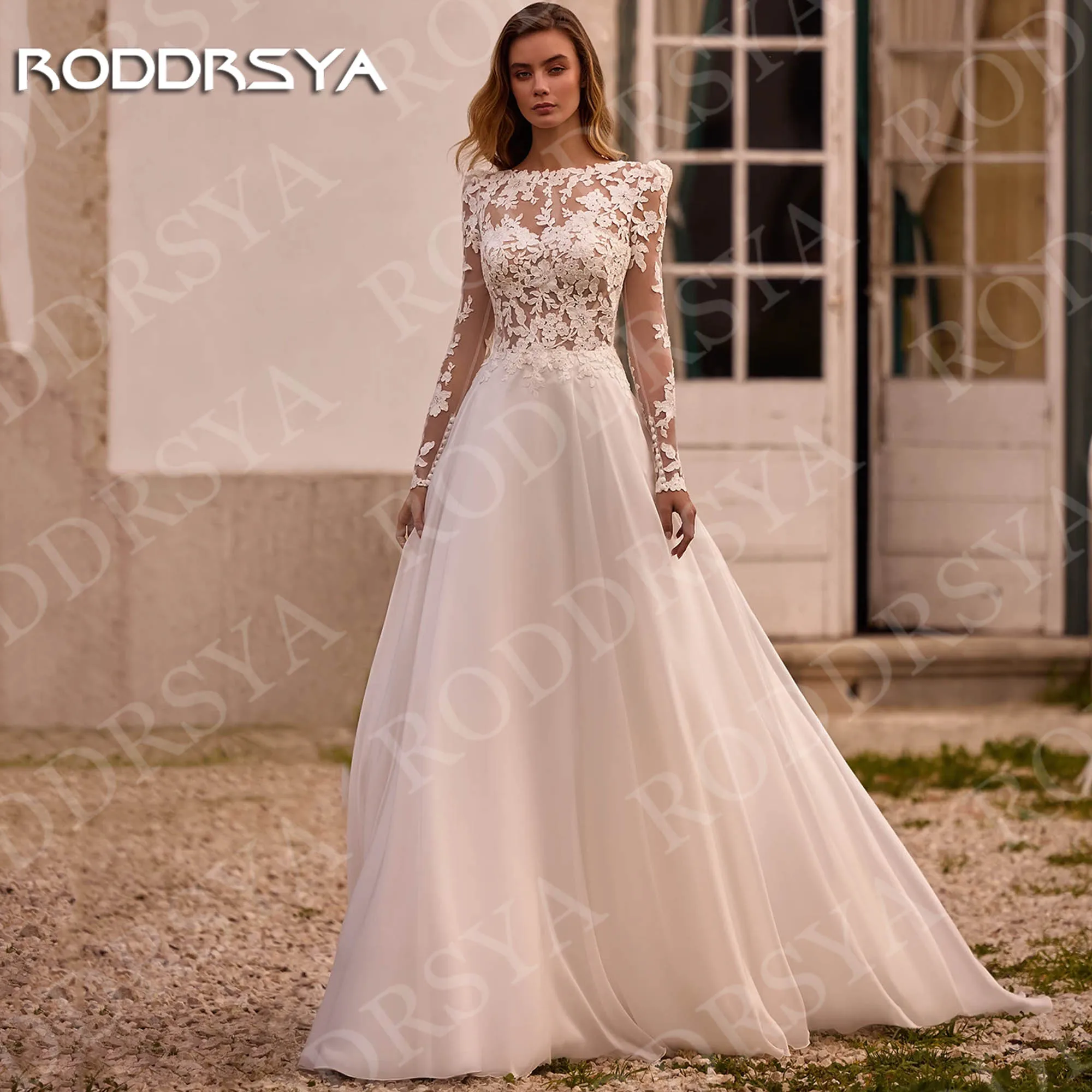 

RODDRSYA A Line Wedding Dress Chiffon Civil Woman Romantic Lace Long Sleeves Appliques Bridal Dresses Customized robe de mariée