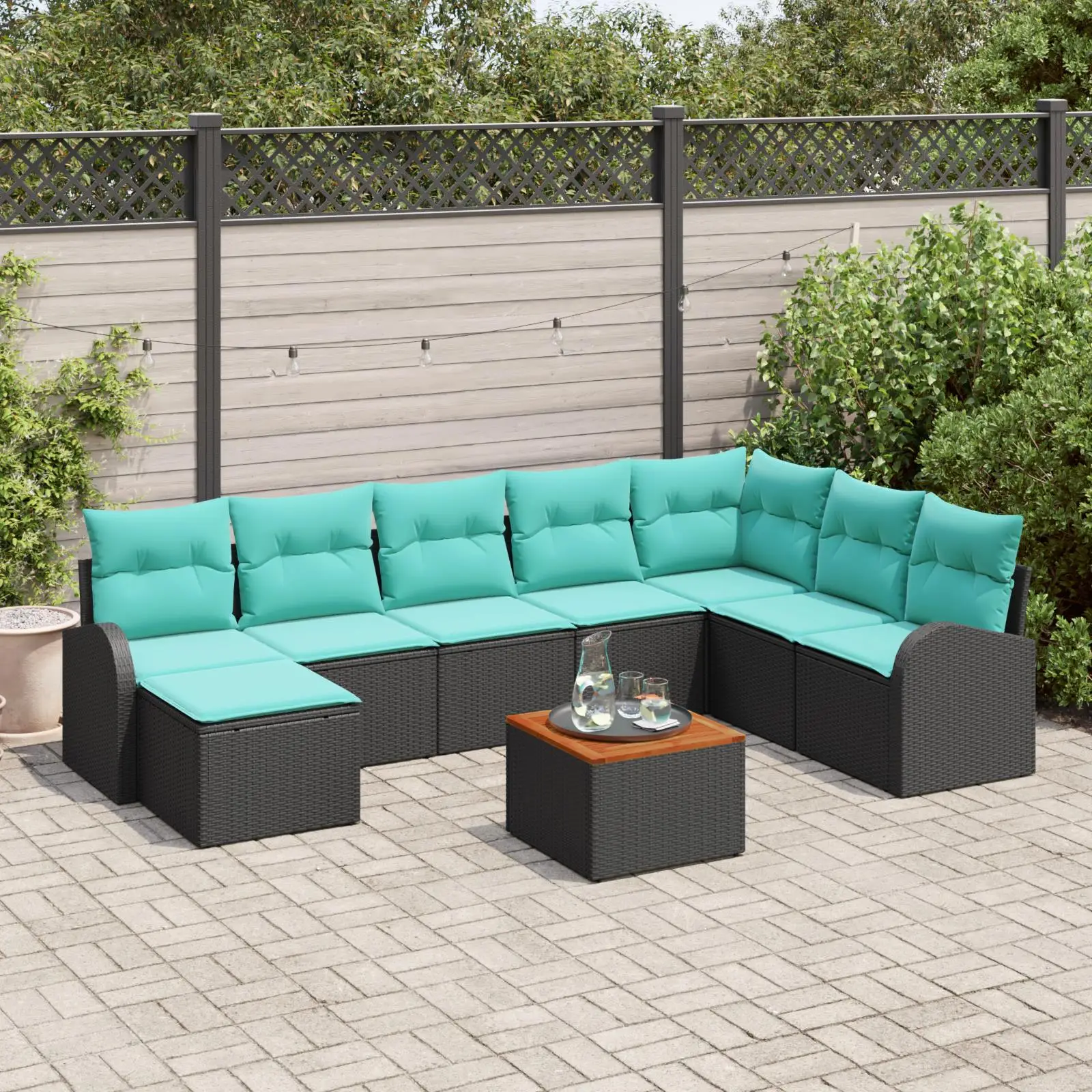 

Elegant 9 Piece Outdoor Garden Sofa Set with Cushions Black Poly Rattan and Acacia Wood Ideal for Patio Lawn and Backyard