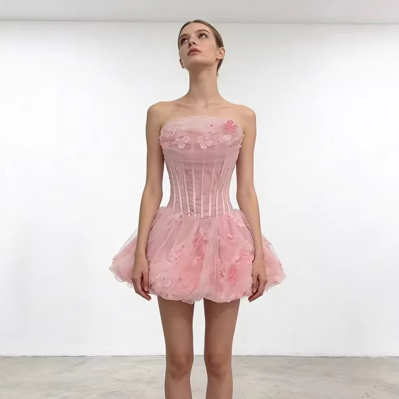 Women's 2026 Spring New Dresses Floral Strapless Mesh Gauze Fluffy Mini Dress Fishbone Waist Slimming Birthday Party Dress