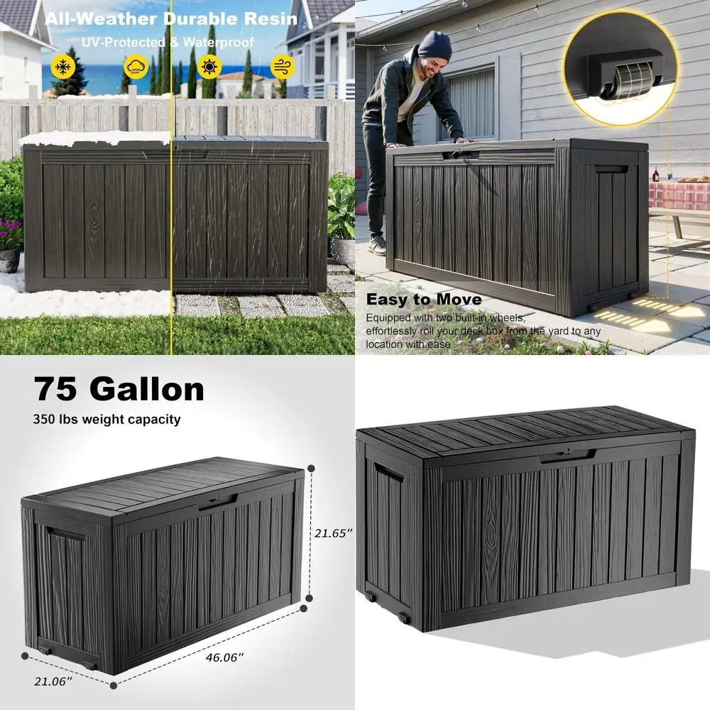

Коробка из смолы емкостью 75 галлонов, запираемая уличная коробка для хранения мебели для патио, сада и аксессуаров для бассейна (черный)