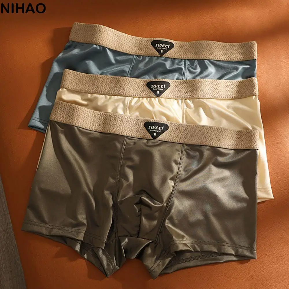 

4PCS Fashion Thin Satin Silk Boxer Briefs Seamless Mid Waist Ice Silk Boxers Underpants Lingerie Underwear for Men Gifts