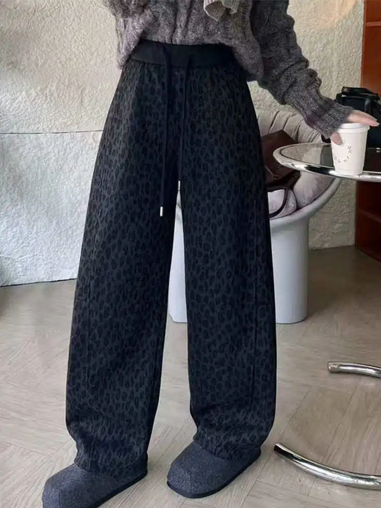 

Женские повседневные брюки с леопардовым принтом в стиле ретро, с высокой талией, утепленные флисом, модный дизайн, зимняя новинка, облегающие длинные брюки