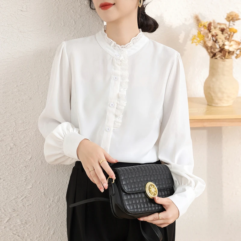 Autumn Korean Chiffon White Women's Blouse 2023 New Long Sleeve Single Breasted Workwear Casual Office Shirts Tops Female