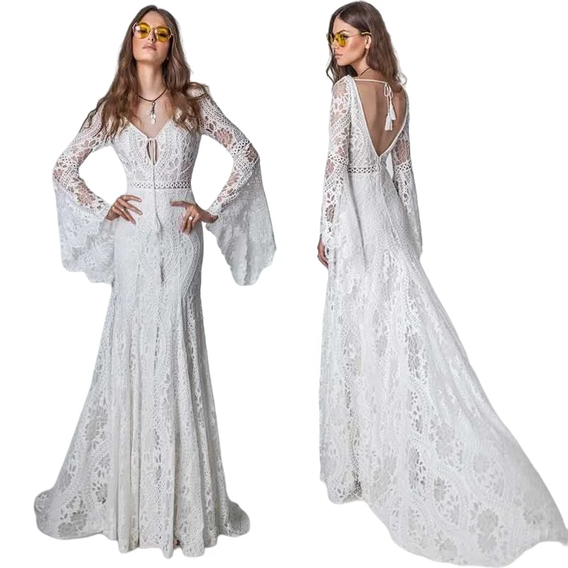 Bohemia Lace Beach Wedding Dress Vintage Long Flare Sleeve Vestido De Noiva New Design crochet lace Wedding Dresses Backless