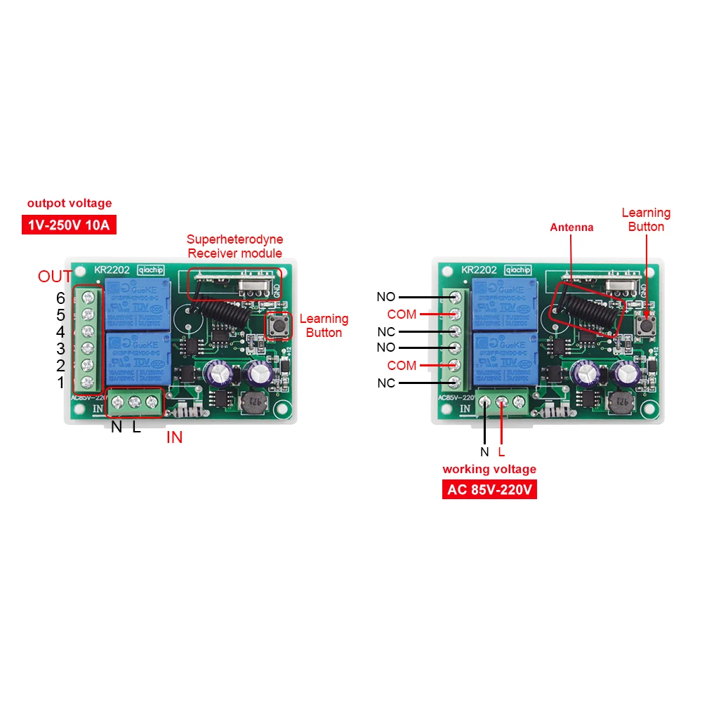 Joli de télécommande pour lumière, porte, garage, télécommande universelle, AC 85V ~ 433 V, 2CH citations, récepteur et contrôleur, 220 MHz, 110V,