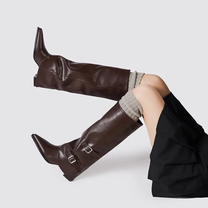 Women Boots Temperament Pointe Thick Heel Knee-high Boots Quality Soft Leather Straight Boot Fashion Belt Buckle Pants Tube Boot