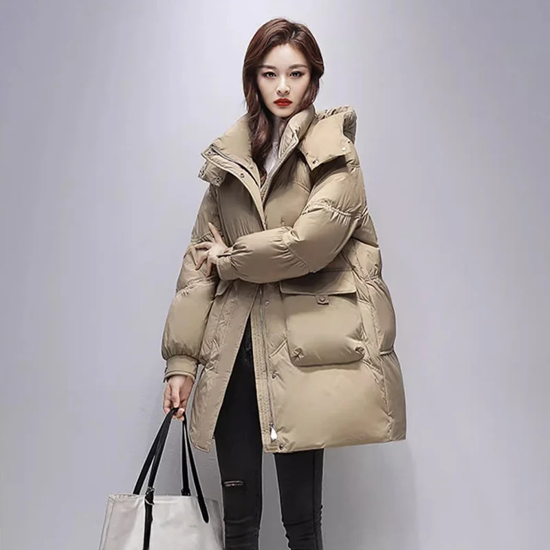 Winter Women\'s Down Jacket Medium-length Parka High-end 90 White Duck Down Hooded Jacket Loose Large Pockets Bread Down Jacket