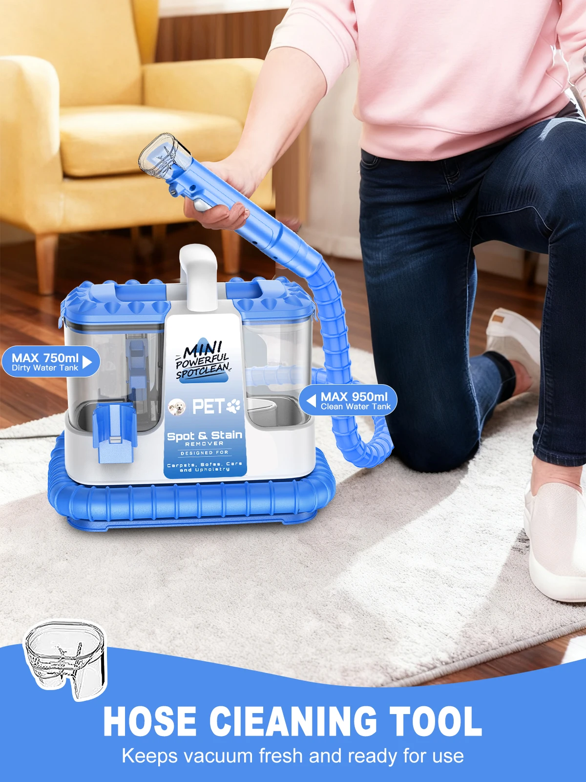 Carpet Cleaner Machine, 20Kpa 600W Powerful Suction w/ 5 Cleaning Tools, Lightweight for Rug, Carpet, Car Seats, Pets, Stairs