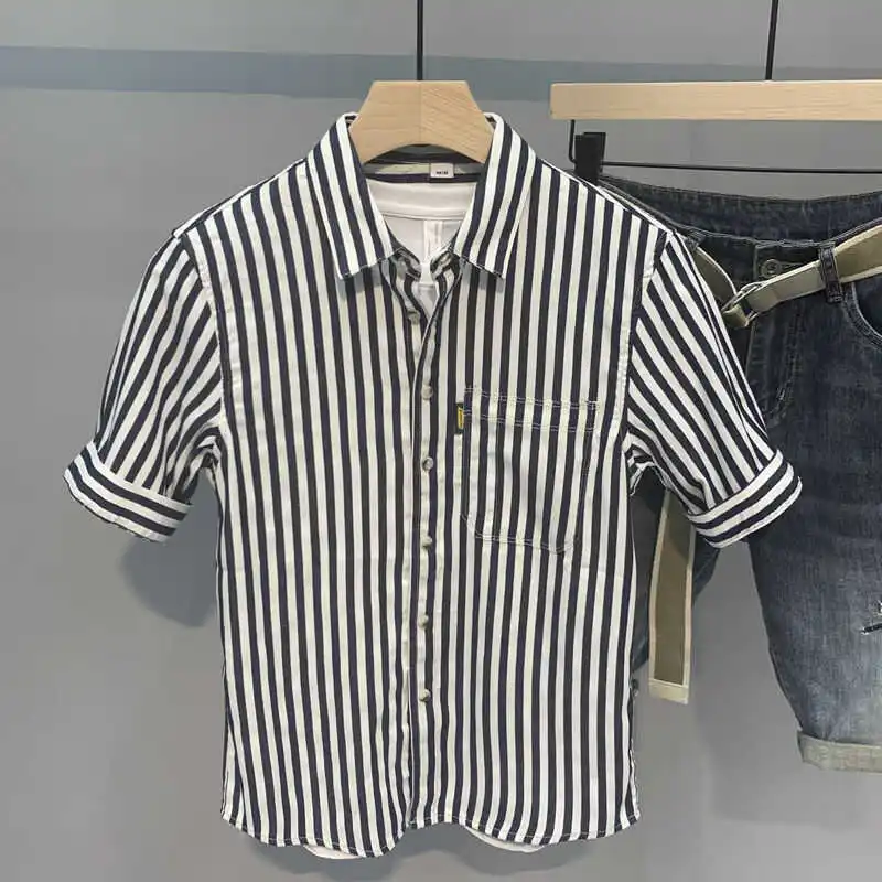 

Men's Casual Stripe irt ort Sve Workwear Faionable Lightweight Summer Youth ular Fit Chinese Brand