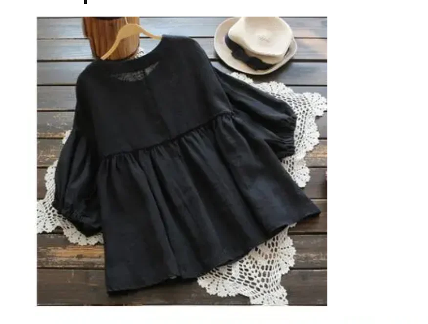 1pcs/lot Fashion Ruffle Blouse Summer Women Vintage Casual Linen Tops Female Lantern Sleeve female solid top